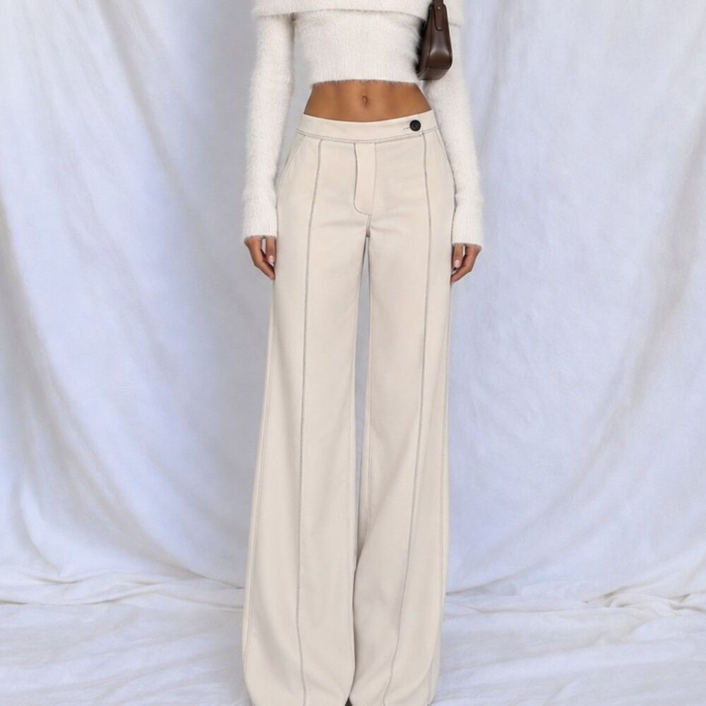 Vintage Mango Off White High Waisted Wide Leg Suit Trouser Dress Pants Size 2/S